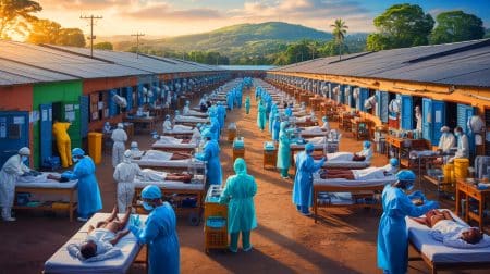 Illustration of a makeshift COVID-19 treatment center in Kampala, Uganda.