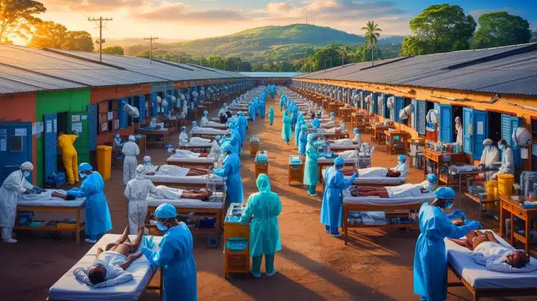 Illustration of a makeshift COVID-19 treatment center in Kampala, Uganda.