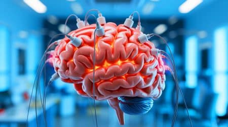 Illustration of a brain with electrodes symbolizing experimental brain stimulation treatment.