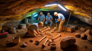 Illustration of Bacho Kiro Cave discoveries challenging early human migration narratives.