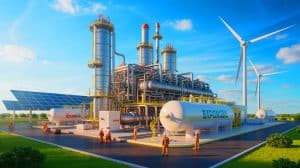 Illustration of the Baytown Project's large-scale low-emission hydrogen plant in collaboration with Adnoc and ExxonMobil.