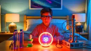 Illustration of 12-year-old Jackson Oswalt conducting nuclear fusion in his bedroom.
