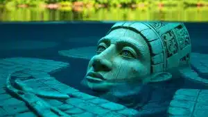 Illustration of a 1,000-year-old carved wooden face discovered in Lake Lednica.