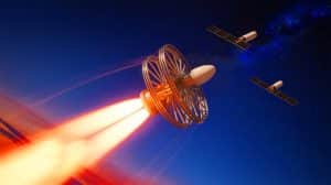 Illustration of SpinLaunch's centrifugal launch system deploying microsatellites into low-Earth orbit.