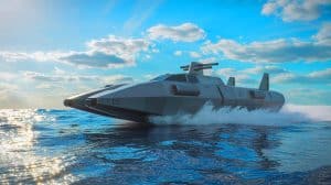 Illustration of the AIRCAT Bengal MC, an advanced autonomous warship, showcasing its strategic flexibility and missile capabilities.