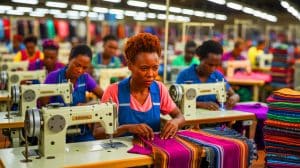 Illustration of Kenyan textile workers facing uncertainty after the expiration of the African Growth and Opportunity Act.