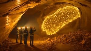 Illustration of geologists examining a supergiant gold ore deposit under the Wangu gold field in China.