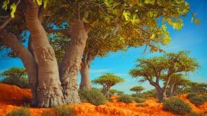 Illustration of fig trees transforming carbon dioxide into limestone within their trunks.