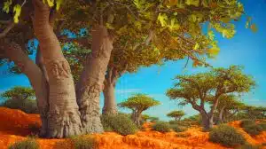 Illustration of fig trees transforming carbon dioxide into limestone within their trunks.