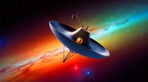 Illustration of Voyager 1 traveling through interstellar space, approaching one light-day from Earth.