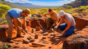 Illustration of archaeologists uncovering ancient stone tools in Kenya's Turkana Basin.