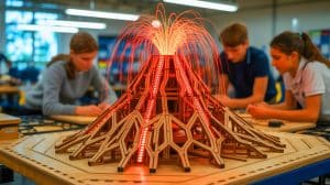Illustration of a mechanical volcano brought to life by University of Melbourne students, simulating Mount Vesuvius eruptions.