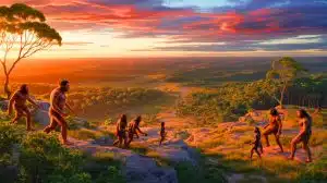 Illustration of early humans migrating to Australia and potentially interacting with Homo floresiensis.