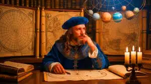 Illustration of Richard Fishacre challenging medieval beliefs with his theories on celestial bodies and earthly elements.