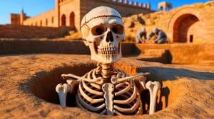 Illustration of the remains of a medieval warrior-monk with a rare skull deformity discovered in Spain.