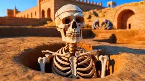 Illustration of the remains of a medieval warrior-monk with a rare skull deformity discovered in Spain.