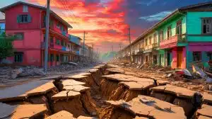 Illustration of the record-breaking 7.7 magnitude Myanmar earthquake's impact and its rapid supershear rupture.
