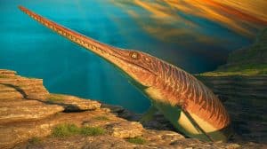 Illustration of the Sword Dragon, a newly discovered marine reptile from the Jurassic period, along England's Jurassic Coast.