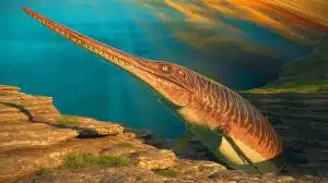 Illustration of the Sword Dragon, a newly discovered marine reptile from the Jurassic period, along England's Jurassic Coast.