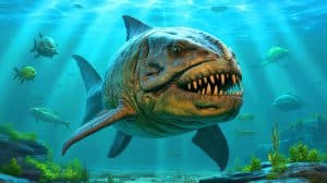 Illustration of Dunkleosteus, the ancient sea predator with bone blades for teeth.