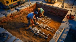 Illustration of archaeologists uncovering Roman-era skeletons in a well in Osijek, Croatia.