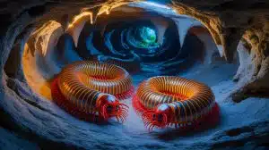 Illustration of dragon-like millipedes discovered in Thailand's caves, highlighting their vibrant colors and unique spines.