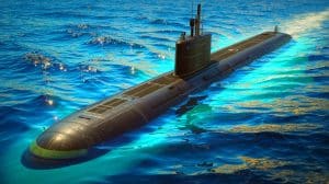 Illustration of the A26 submarine, the world's first fifth-generation vessel, developed by Saab for advanced naval warfare.