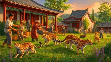 Illustration of ancient leopard cats coexisting with early Chinese farmers.