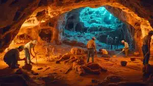 Illustration of researchers uncovering genetic and cultural insights from a Bronze Age community in Calabria's Grotta della Monaca.