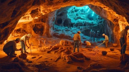 Illustration of researchers uncovering genetic and cultural insights from a Bronze Age community in Calabria's Grotta della Monaca.