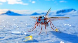 Illustration of the Antarctic midge ingesting microplastics in its natural habitat.