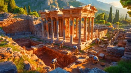 Illustration of archaeologists uncovering the long-lost Zeus Temple in Limyra, Turkey.