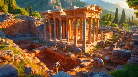 Illustration of archaeologists uncovering the long-lost Zeus Temple in Limyra, Turkey.