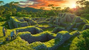 Illustration of archaeologists uncovering ancient structures in Peru's Rio Abiseo National Park using advanced technology.