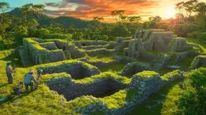 Illustration of archaeologists uncovering ancient structures in Peru's Rio Abiseo National Park using advanced technology.