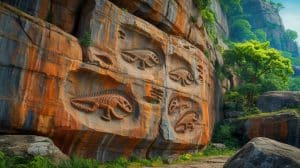 Illustration of dinosaur footprints on a rock wall in Dujiangyan City, Sichuan Province, China.