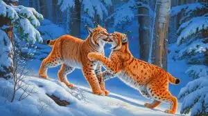 Illustration of two Canada lynxes engaging in a rare interaction captured by a trail camera.