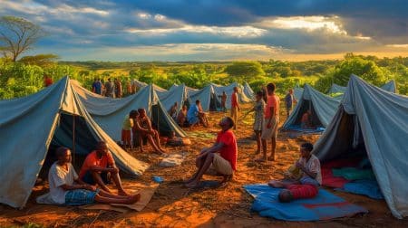 Illustration of displaced families seeking shelter in northern Mozambique amid escalating violence.